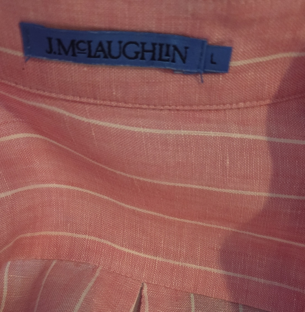 Women's J. McLaughlin Britt Linen Pink With White Pin Stripes Blouse, Size L - Picture 2 of 13
